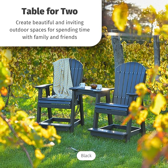 LuxCraft Poly Tete-a-Tete Patio Table and Counter Height Balcony Chairs with Umbrella Hole, Weatherproof Outdoor Patio Furniture Set for Outside - Amish Made in USA (Weatherwood & Black)