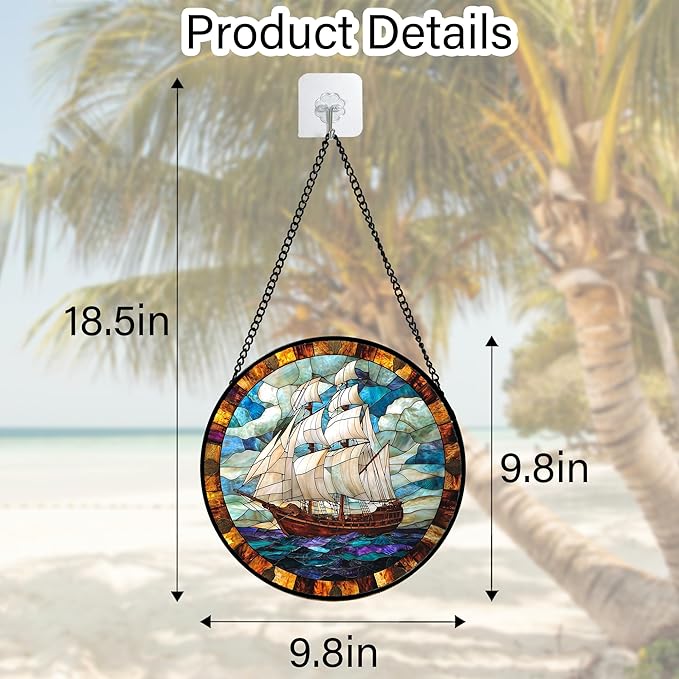 DASTOLL Stained Glass Window Hanging, Sailing Ocean Sun Catchers Glass Panel Navigation Suncatcher Decor for Birthday for Women, Men, Wife, Aunt, and Mom 9.8 in