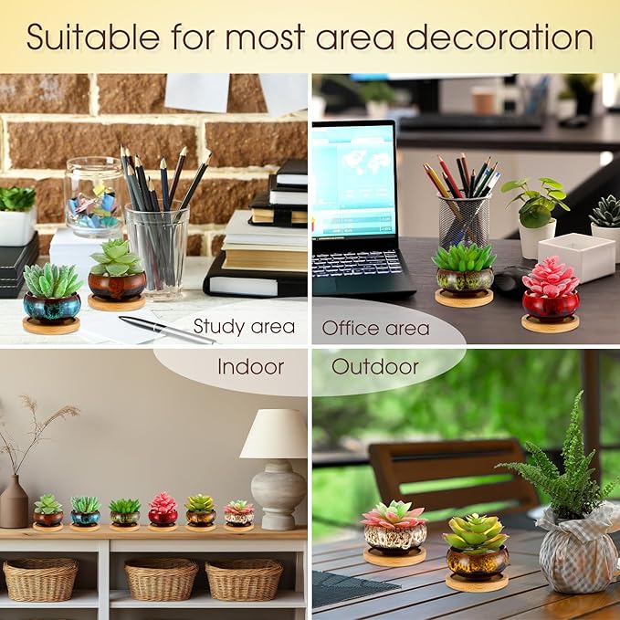 RimCereal 24 Pcs Ceramic Succulent Pots 2.5 Inch Small Plant Pots Indoor with Drainage and Bamboo Saucers Colorful Succulent Flower Planters for Garden Plants Home Decor(Round,1.2 Inch H)