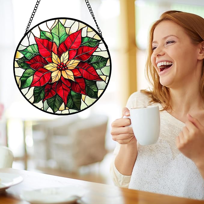 AMDERVEN Stained Glass Window Hanging - Red Poinsettia Birth Flower Sun Catcher for Door Garden Home Decor Suncatcher Christmas Mother's Day Birthday Gifts for Women Men Mom Girl Nana Friend 6.3 in