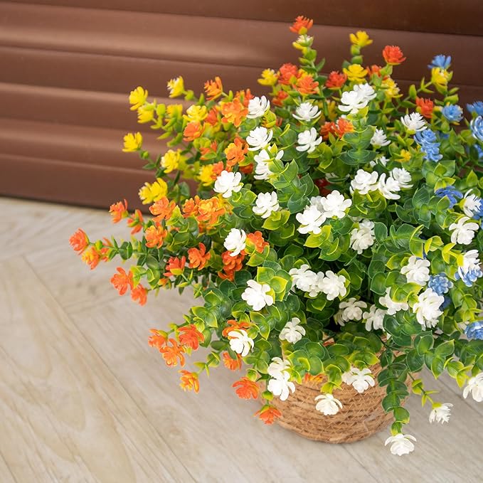 BCBLF Artificial Flowers Outdoors, 12 Bundles Fake Flowers UV-Anti for Decoration Faux Plastic Plants Garden Porch Window Box Décor,YellowBlueWhiteOrange