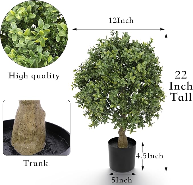 Yuwinron Artificial Boxwood Topiary Ball Tree 22inch Fake Topiary Tree Faux Ball Shaped Potted Plant for Porch Home Garden Decor 2Pack