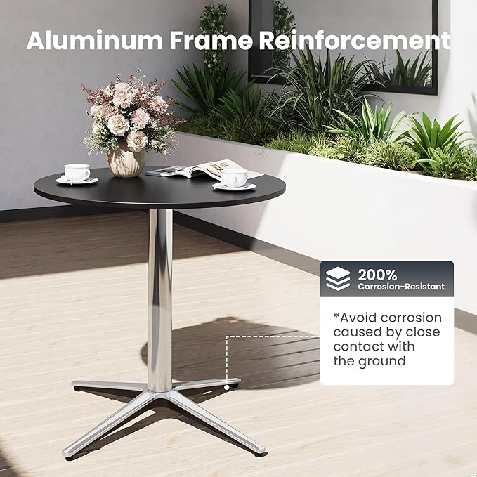 PHI VILLA Outdoor Patio Bistro Table, 30" Round Metal Pedestal Small Dining Table for 2-4, All-Weather Modern Table for Outside Deck, Yard, Porch, Balcony - Black