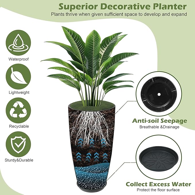 Goldshire 24-21-11 Inch Tall Planters Set of 3, Indoor Outdoor Blue Glossy Round Planter with Drainage Hole and Saucer, Large Decorative Plant Pots for Home Garden Porch