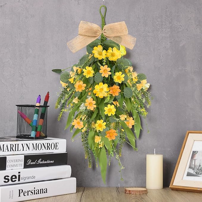 2 Pcs 24" Artificial Summer Flower Teardrop Swag for Front Door Spring Wreath Yellow Wild Daisy Swags Wreaths Floral Hanging Wreaths for Kitchen Cabinet Window Wall Wedding Party Home Decor