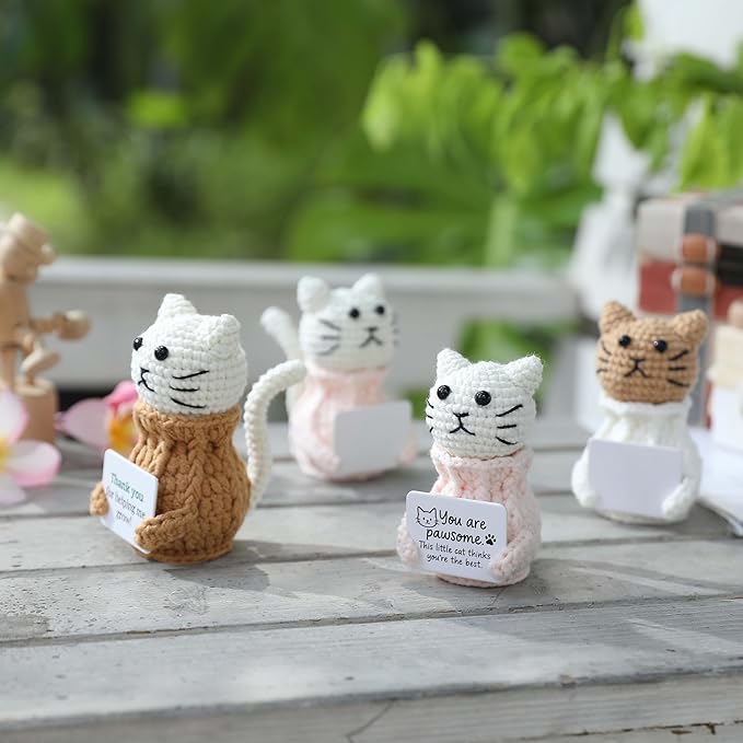 YOOJEE Positive Crochet Animals Cat – “You are Pawsome” Valentines Day Gifts for Him Her Boyfriend Girlfriend Women Teens, Emotional Support & Cheer Up Present, Teacher Appreciation, Birthday Gift