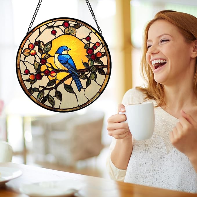 Stained Glass Window Hanging Blue Bird On A Branch 9.8" - Retro Suncatcher Door Garden Sunroom Sun Catcher Home Decor Birthday Christmas for Mom Men Woman Nana
