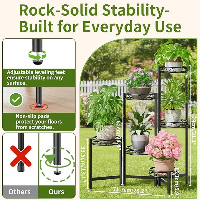 NQW Plant Stand Indoor Outdoor, 6 Tier Metal Flower Shelf for Multiple Plants Corner Tall Floding Flower Holders for Patio Garden Living Room Balcony Bedroom - BlackCircle