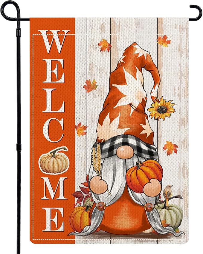 Gnome Fall Garden Flags for Outside, Welcome Fall Garden Flags 12x18 Double Sided, Rustic Pumpkin Gnome Small Holiday Lawn Flags, Autumn Harvest Gnomes Decorations for Yard Farmhouse