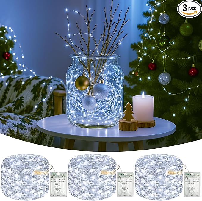 3 Pack 16FT 50 LED Fairy Lights Battery Operated with Timer, 8 Modes USB Mini Twinkle Light, Small String Lights for Christmas Tree Wreath Vase Bedroom DIY Party Decorations-Cold White