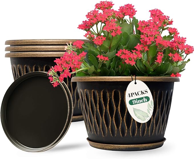 Usocik 4 Pack 9 Inch Retro Plant Pots, Vintage Striped Flower Pots with Drainage Hole & Saucer, Large Plastic Planters for Indoor and Outdoor Plants, Decorative Garden Pots(Gold)