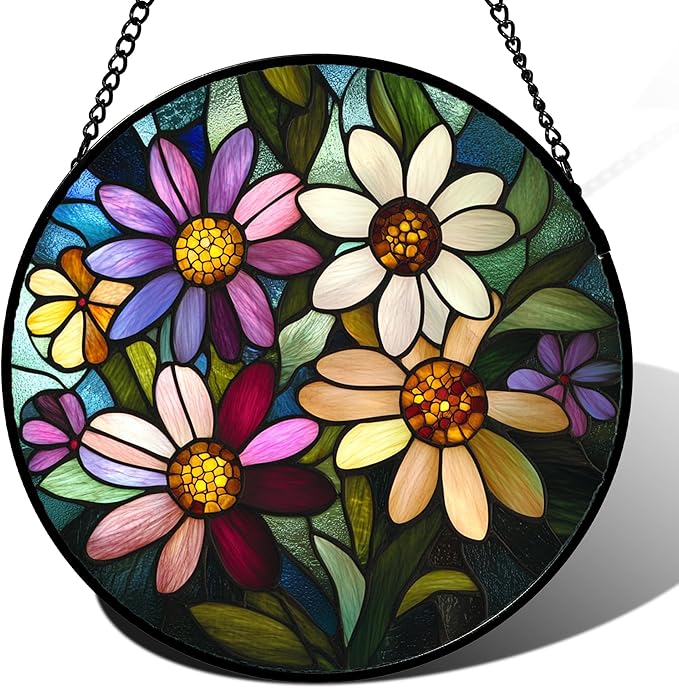 Stained Glass Window Hanging - Colorful Daisies Suncatcher for Door Garden Patio Retro Flower Sun Catchers Decor Christmas Mother's Day Birthday Gifts for Women Mom Nana Aunt Friend 6.3 in