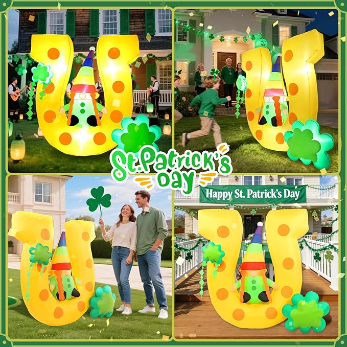 4.9FT St Patricks Day Inflatables Outdoor Decorations Blow Up Gnome Sits on Lucky Horseshoe Arch with Shamrock LED-Lighted Décor Leprechaun for Yard Lawn Garden Party Holiday