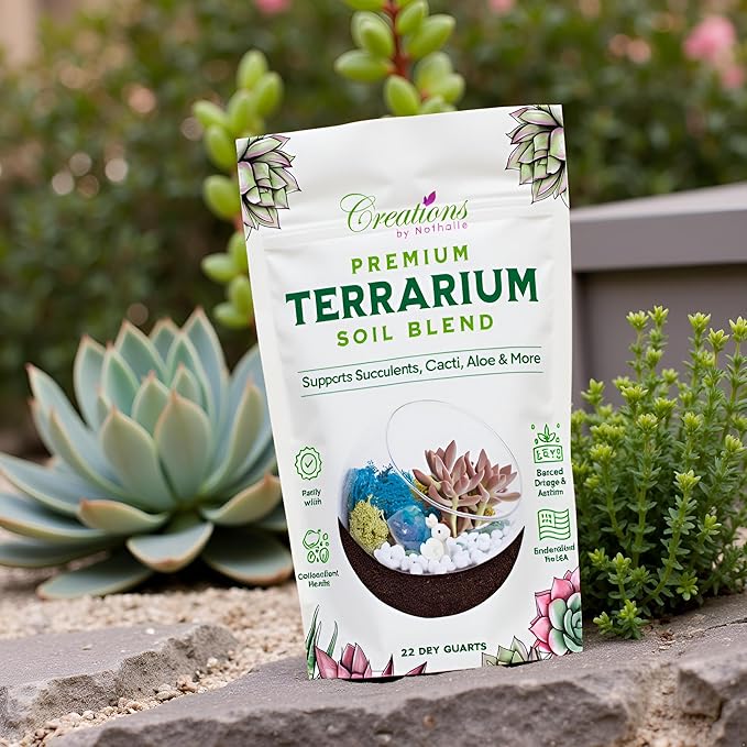 Creations by Nathalie Terrarium Soil Blend - Well Draining Potting Soil for Live Succulents, Cactus, Aloe - Terrarium Supplies, Natural Pine Bark, Peat, Coarse Sand - Indoor Planting Mix Bag