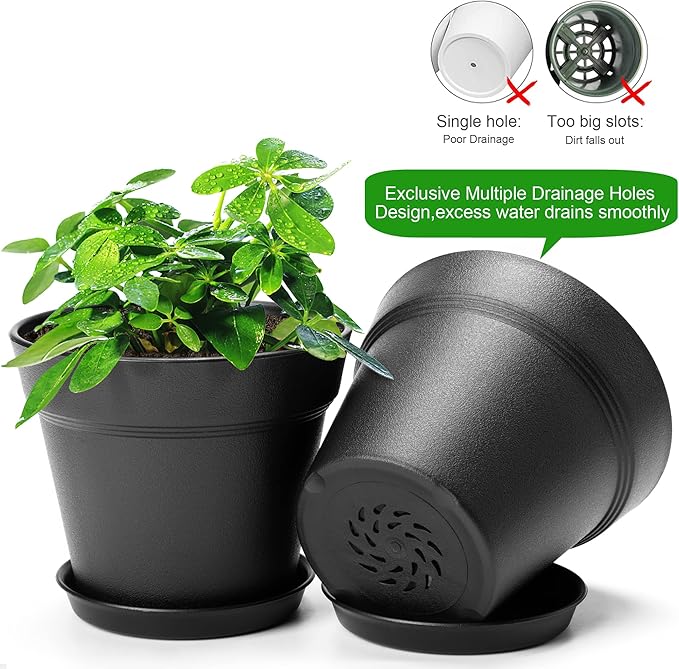 FHWTY 4 Inch Plastic Plant Pots 6 Pack, Small Flower Pots with Drainage Holes and Tray, Thickened Indoor Planters Seedlings Nursery Pots, African Violet, Succulent and All House Plants, Black