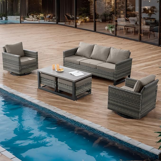 Wicker Outdoor Patio Furniture Set - 6 Piece Patio Conversation Set with 2 Swivel Rocker Chairs,2 Rattan Ottoman,1 Couch and 1 Metal Coffee Table for Outside Porch Deck Backyard(Mixed Grey/Grey)