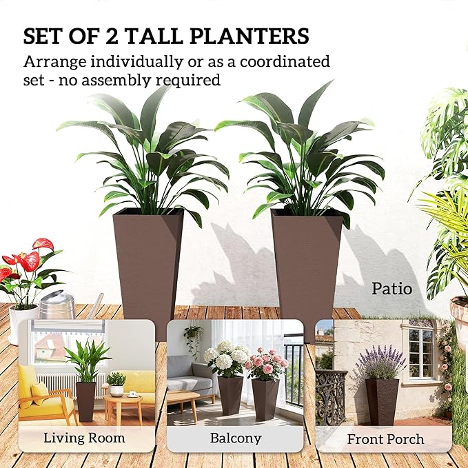 Outsunny 23 Inch Tall Planters for Outdoor Plants, Set of 2 Plastic Flower Pots, Weather and UV Resistant Stackable Tapered Large Planters for Front Door Patio Garden Use, Brown