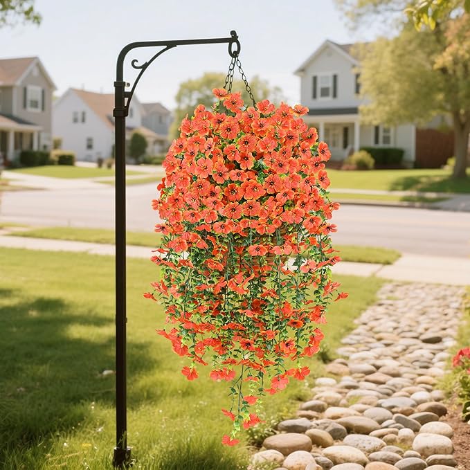 AmberFun Artificial Hanging Flowers for Outdoors,2 Bundles Silk Fake Fall Flowers for Outside, Realistic Faux Plants for Hanging Baskets, Planters-Porch, Patio, Yard Decor(Orange)