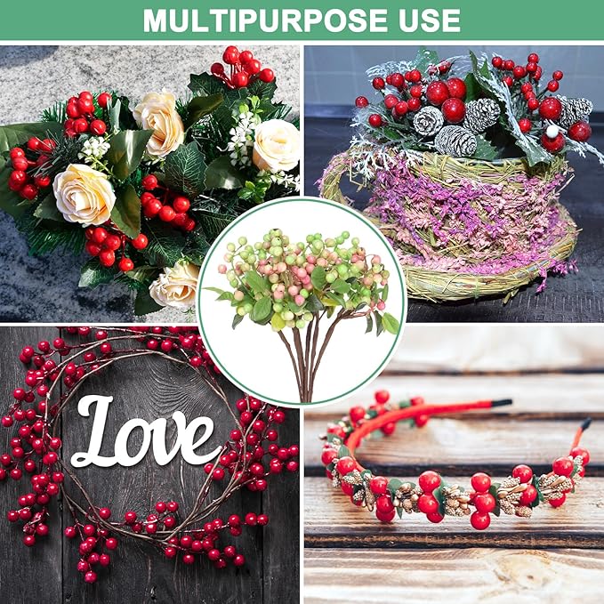 6-Pack Artificial Berry, 9.8 Inch Faux Holly Berry Foam Faux Frosted Berries with Stems for Home/Wedding/Christmas/DIY/Party/Garden/Office [White Pink]