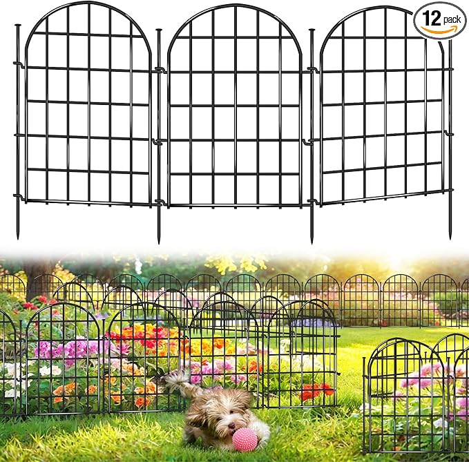 12 Panels Garden Fence, 13.8 ft(L) x 17 in(H) Arched No Dig Fence, Decorative Animal Barrier Fencing with Ground Stake, Rustproof Metal Garden Edging Border for Dog, Rabbit, Outdoor Yard Patio Decor