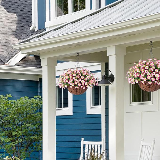 Ivydale Artificial Faux Hanging Plants Flowers Basket for Outdoor Outside Decoration, Silk Pink Morning Glory in Planter Look Real UV Resistant Fake Flowers for Spring Summer Porch Home Patio Balcony
