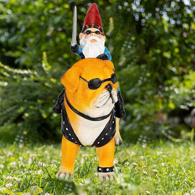 Garden Gnome Statue Holding Sword Outdoor, Funny Garden Gnome Riding Dog Statue Decoration Lawn Figurines for Home Patio Yard Garden Decor Indoor Outdoor, Housewarming Garden Gift