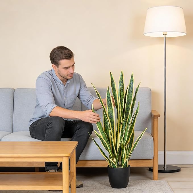 Fake Snake Plant, 35" Fake Potted Plants with Black Pot Realistic Artificial for Home Decor, Low Maintenance No Watering Needed Faux Plants for Desk Corner Office & Pet Areas(Yellow-35in)