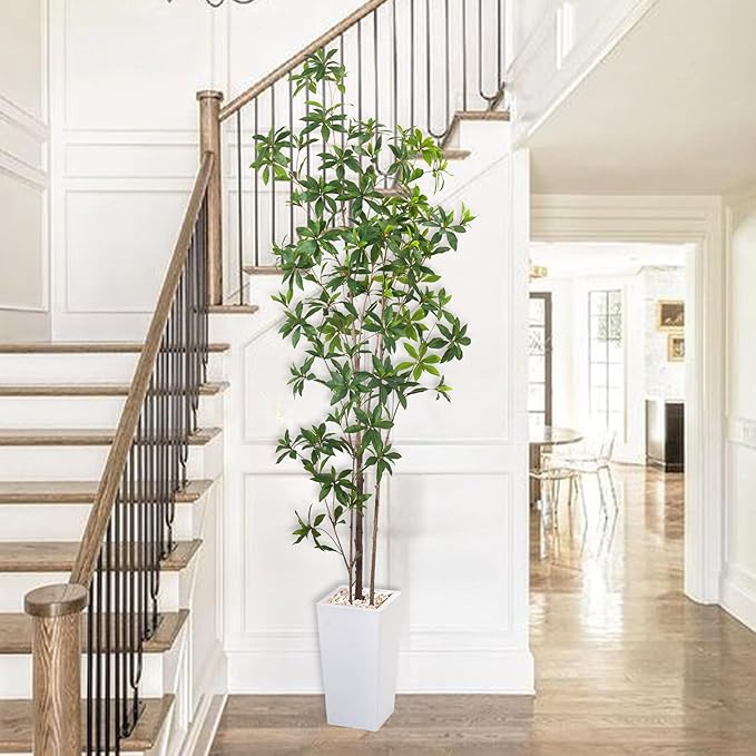 HAIHONG Artificial Brave Ficus Tree 7FT-Faux Tree with White Tall Planter-Fake Potted Tree with Silk Leaves-Tall Artificial Plants for Home Office Living Room Hallway Decor Indoor