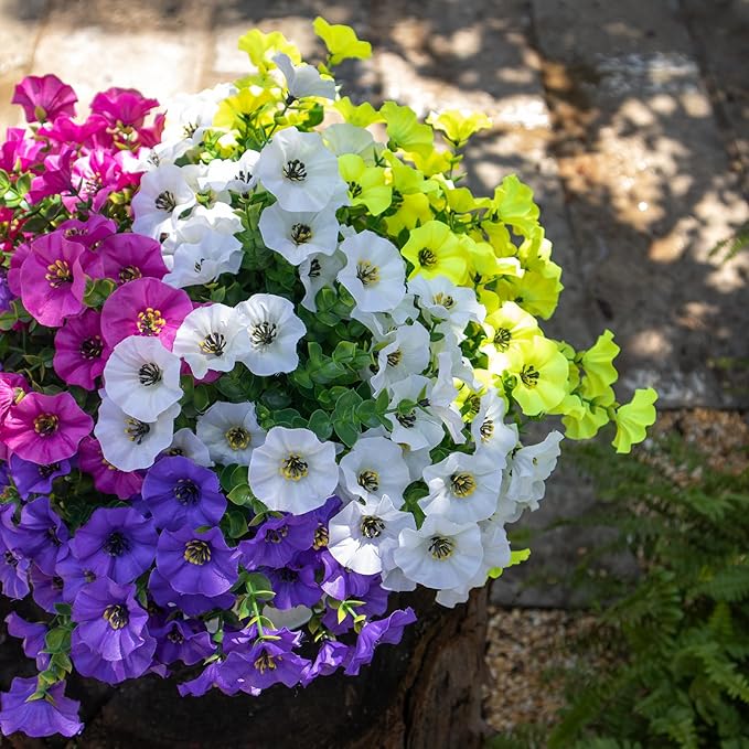VDVST Artificial Flowers for Outdoors,UV Resistant Artificial Outdoor Flowers,Not-Fading Faux Flowers for Outdoor Planters Front Door Porch Yard Patio Garden Home Decor,12 Bundles Mix 4 Colors