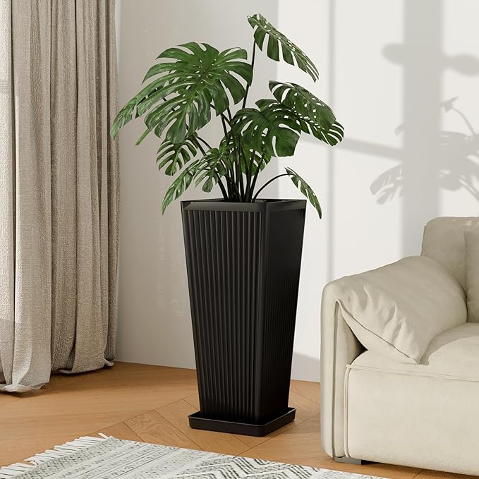 Trygoal Square Tall Planters for Outdoor Plants Set of 2-23.6" Modern Tapered Indoor Flower Pots with Drainage Holes/Partition/Tray, Large Outdoor Planters for Porch Patio Garden Front Porch, Black