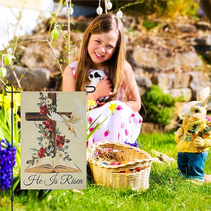 He Is Risen Easter Garden Flag Double Sided 12×18 Inch,Cross Flowersn Dove Decorations Small Burlap Religious Holiday Yard Flags for Outside