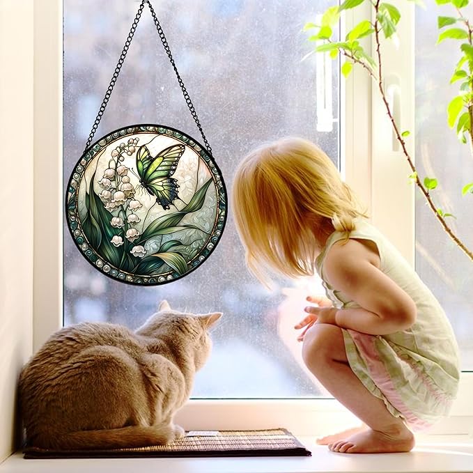 DASTOLL Stained Glass Window Hanging, Lily of The Valley Flower Butterfly Suncatcher for Doors Home Sun Catchers Decoration and Christmas, Mother's Day Birthday Gifts for Women, Men, Mom 11.8x11.8 in