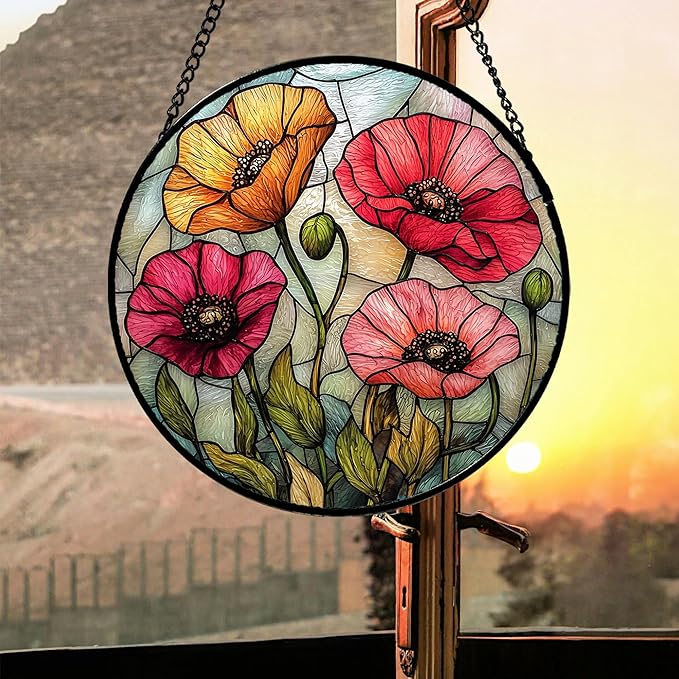 AMDERVEN Stained Glass Suncatcher, Red Orange Poppy Flowers Sun Catcher Silver Background Wildflowers Window Hanging Decor Christmas Mother Birthday Gifts for Women Men Mom Nana 7.8 in