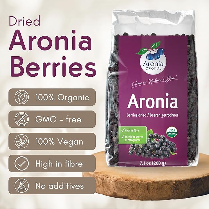 Organic Dried Aronia Berries 7.1 oz (200 g) – No Sugar Added | Vegan, Non-GMO, Gently Dried Black Chokeberries | High in Antioxidants & Fiber – Made in Germany