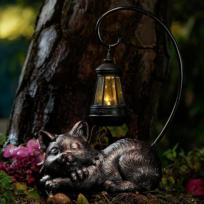WSgift Outdoor Cat Figurine Garden Statue with Solar-Powered LED Light 13.77 Inches Tall, Gift Garden Statue Decor for Cat Lovers
