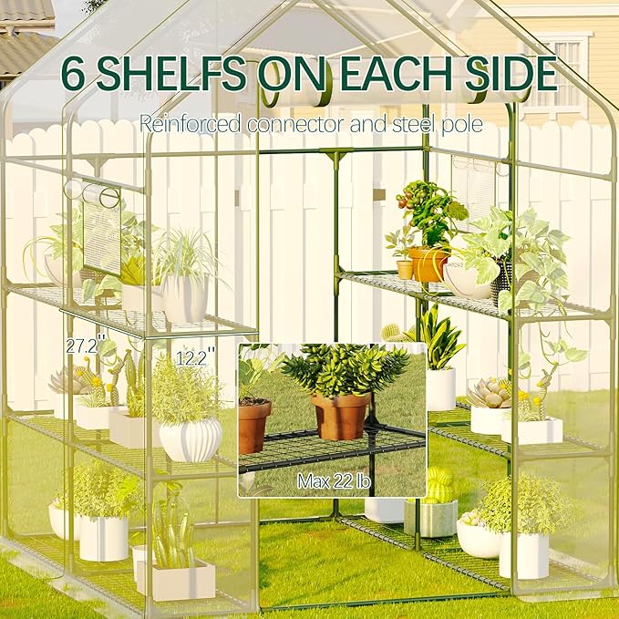 Walk in Greenhouse with Screen Windows & Roll-Up Zipper Door, 56 x 56 x 77'' Plant Green Houses for Outdoors, 3 Tiers 12 Shelves Stands Plastic Portable Small Indoors Warm (Clear)