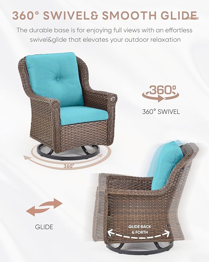 3 Piece Patio Swivel Chairs and Side Table Set - High Back Outdoor Brown Wicker Rattan Rocking Glider with Thick Cushions for Porch Apartment Deck Yard Poolside Garden - Turquoise