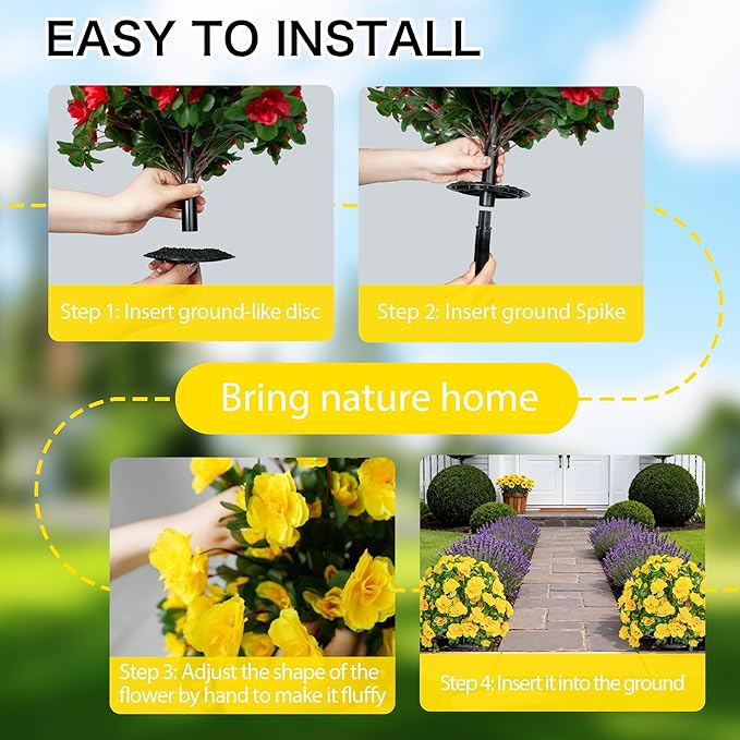 AZXVT Artificial Flowers for Outdoors, Faux Outdoor Plants Fake Plants Topiary Balls Artificial Outdoor Set of 2 with Ground Spike for Home Front Porch Patio Garden Decor (Yellow)