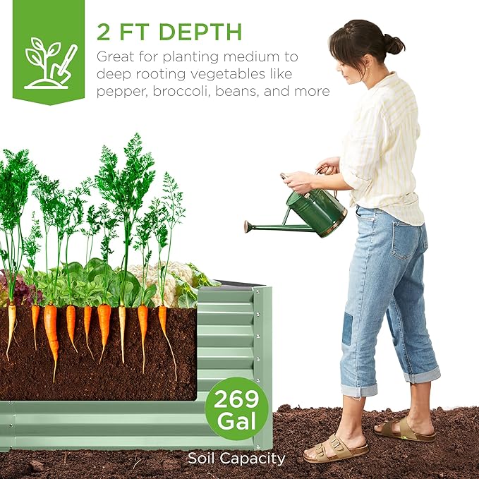Best Choice Products 6x3x2ft Outdoor Metal Raised Garden Bed, Deep Root Box Planter for Vegetables, Flowers, Herbs, and Succulents w/ 269 Gallon Capacity - Sage Green