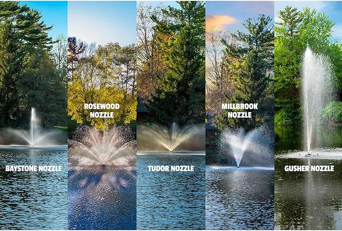 Scott Aerator Co. Great Lakes Large Pond Fountain | 3/4 Horsepower | 5 Patterns | 100ft Cord | 115V | with LED Lights Available (100Ft Cord RGB Color Changing Lights)