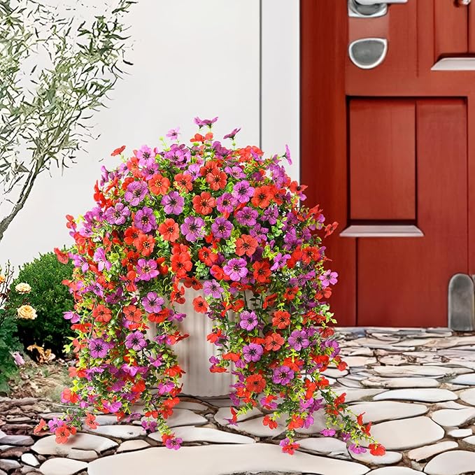 Artificial Hanging Flowers Plants for Outdoor Spring Summer Decoration,2PCS Faux Silk Daisy UV Resistant Look Real for Outside Home Indoor Planter Porch Window Yard Decor(Red Purple)