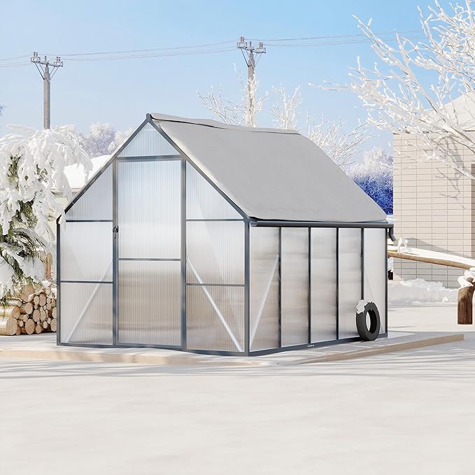 Polycarbonate Greenhouse for Outdoors, Large Walk-InGreenhouse with Quick Setup Structure and Roof Vent, Greenhouse with Ventilation and Rain Gutter