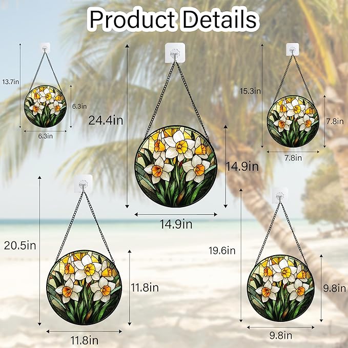 AMDERVEN Stained Glass Window Hanging, Yellow and White Daffodils Sun Catcher for Door Home Decor Plants Flowers Suncatcher Christmas Mother's Day Birthday Gifts for Women Men Mom Nana 9.8 in