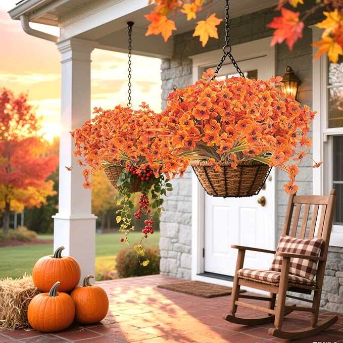 Grunyia 20PCS Autumn Fall Artificial Flowers Outdoor, Fall Porch Decorations, Realistic Waterproof Faux Flowers for Outside Porch Decor, Thanksgiving Halloween Home Garden Decor (Fall Red)