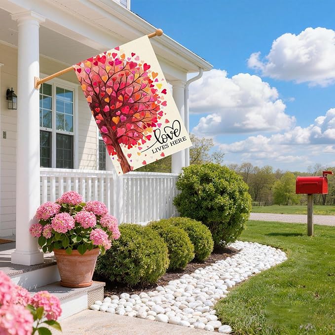 Love Lives Here Love Heart Shaped Tree Valentine’s Day House Flag large 28X40 Inch Big Vertical Double Sided Yard Outdoor Outside Holiday Decoration