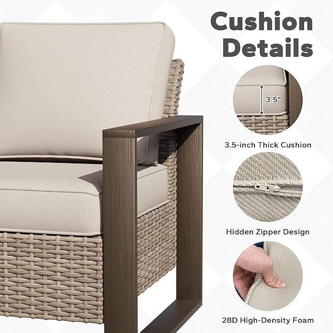 Joyside Outdoor Patio Chairs, 7 Pieces Wicker Rattan Furniture Set, 2 Patio Chairs, 2 Sofa, 2 Ottoman and 1 Table, Metal Wide Armrest, Thick Cushions and Deep Seating for Garden, Backyard, Porch
