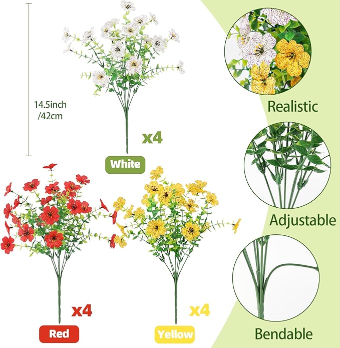 Artificial Spring Flowers Outdoors Faux Plants UV Resistant Plastic Flowers Outdoors Fake Greenery Plants Outside for Garden Porch Planters Silk Flowers Daisy Decor, 12 Bundles (Mix White Yellow Red)