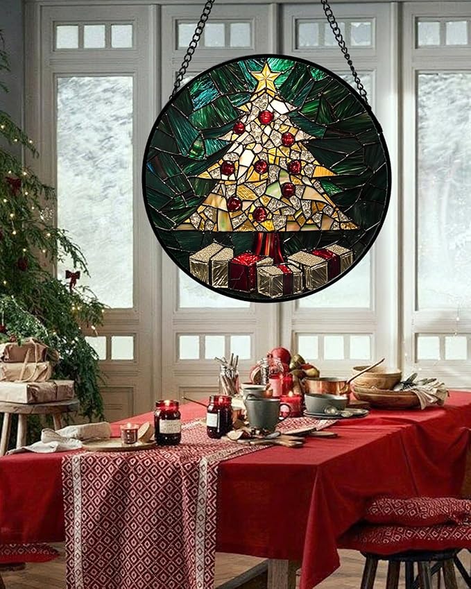 HWRHTR Stained Glass Window Hanging - Golden Christmas Tree Suncatcher for Doors Home Christmas Decoration Winter Sun Catcher Thanksgiving New Year Birthday Gifts for Women Men Mom Nana Girl 6.3 in