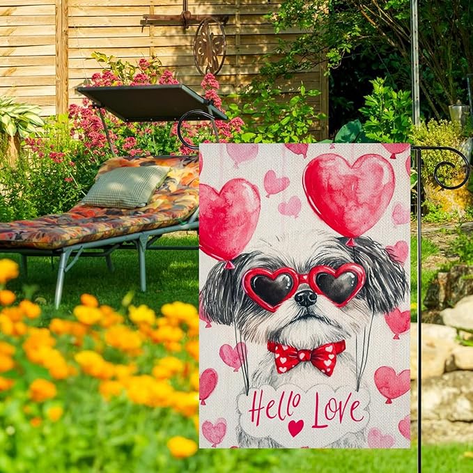 Valentine's Day Shih Tzu Hello Love Garden Flag, House Yard Plaid Love Heart Outside Decoration, Spring Holiday Wedding Anniversary Outdoor Small Decor 12x18(12640)