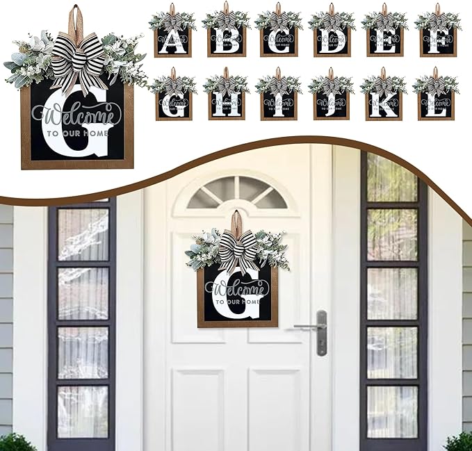 Ultra Large 14'' Last Name All Year Round Front Door Wreath with 26 Initial Letter Welcome Sign All Seasons Eucalyptus Garland and Bow Wreaths for Front Door Porch Farmhouse Decoration (G)